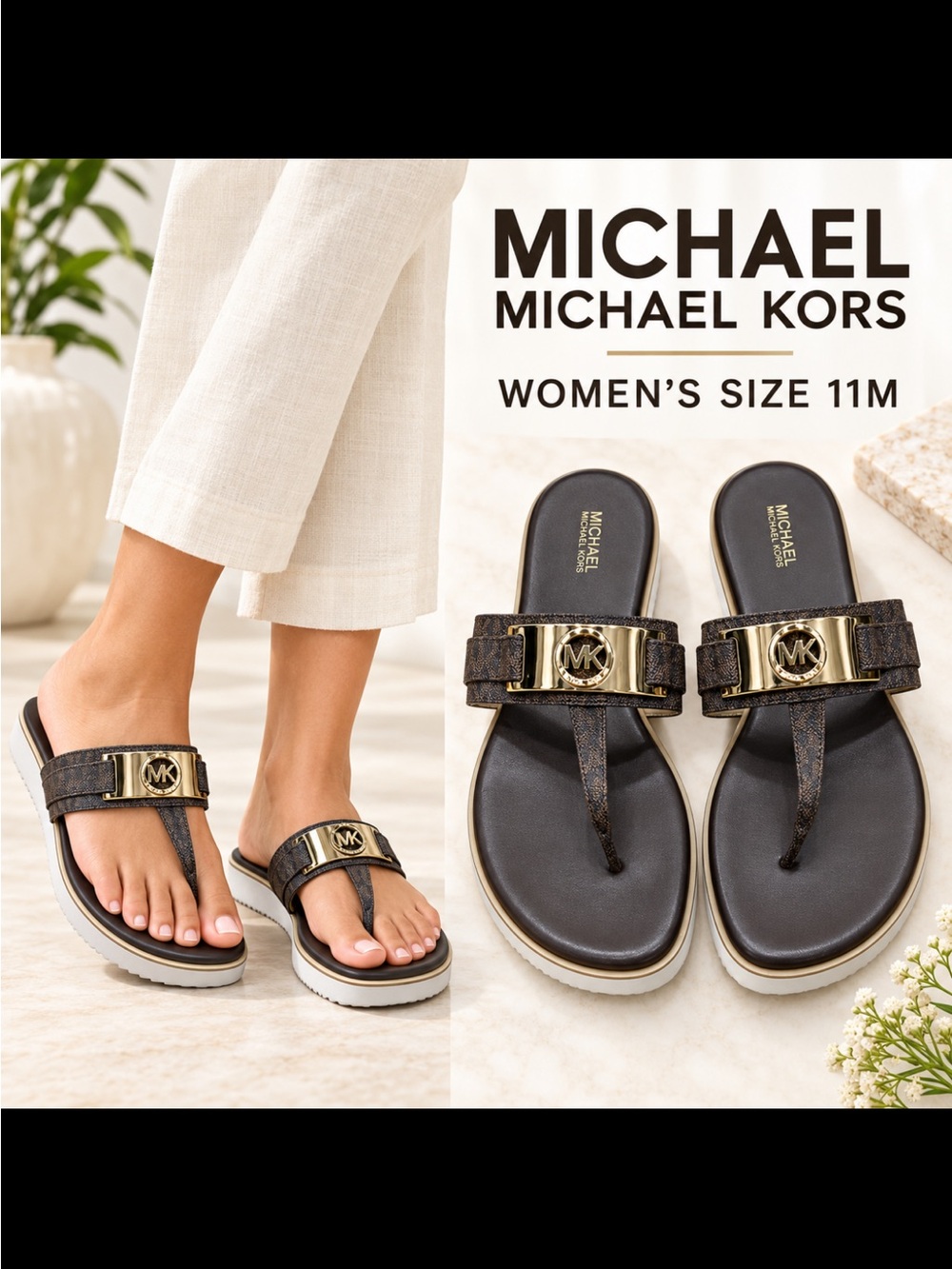 MICHAEL Michael Kors Black and Gold Logo Thong Sandals